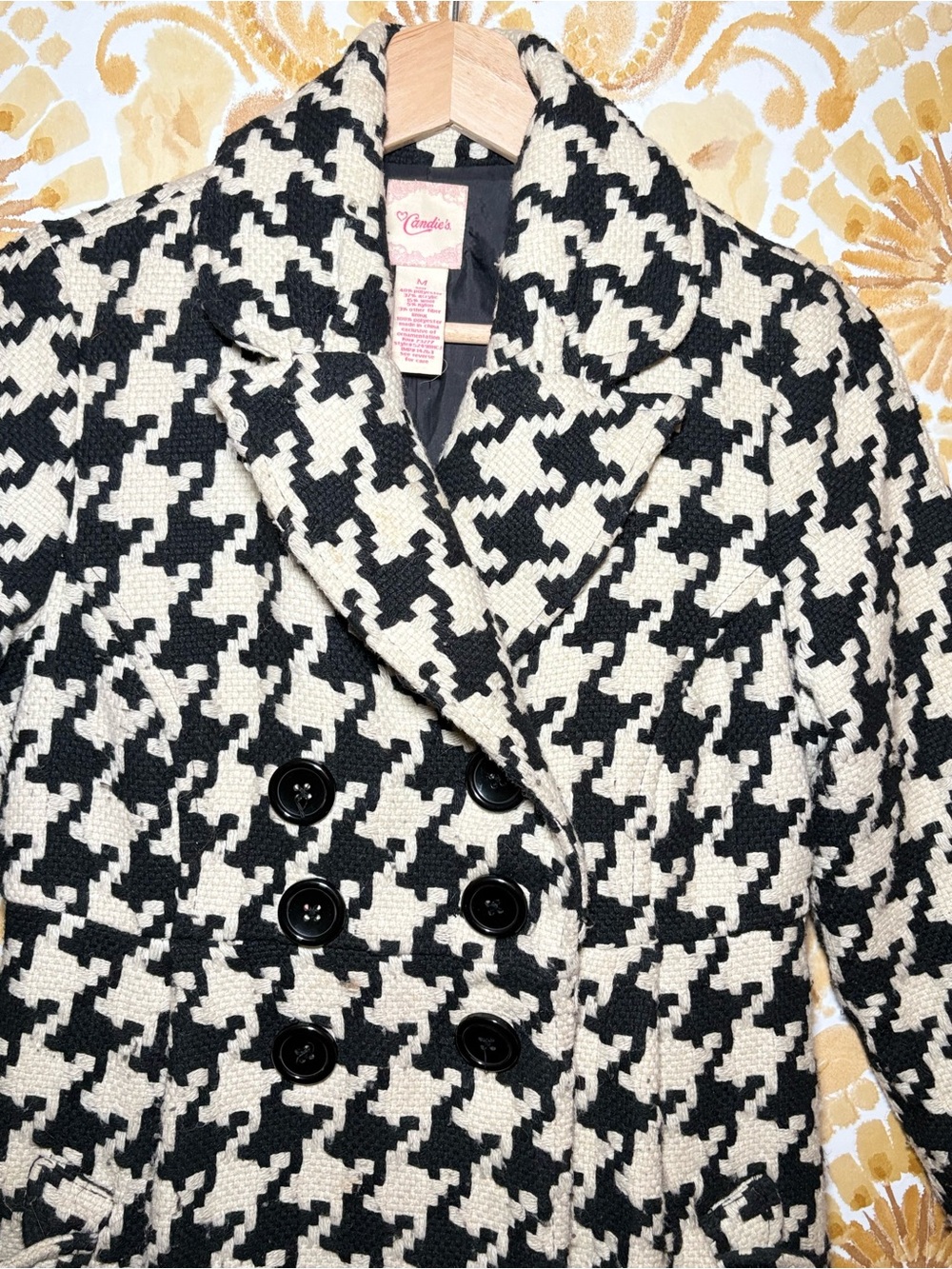 Candie's Cream & Black Houndstooth Peacoat Double Breasted Coat Classic Preppy - Picture 9 of 11
